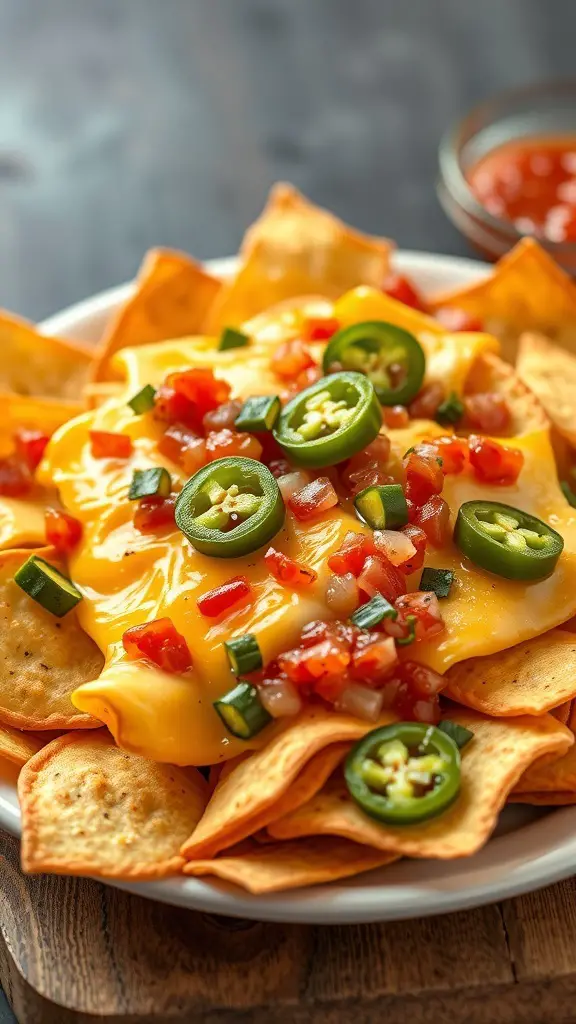 A plate of spicy nachos made with club crackers, topped with melted cheese, jalapeños, and diced tomatoes.