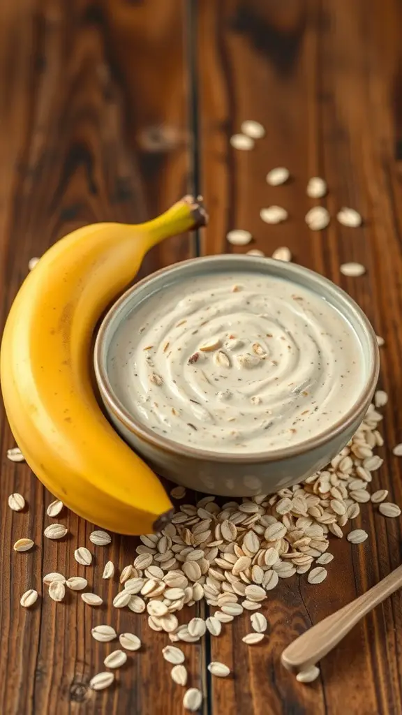 A bowl of creamy banana oatmeal blend with a ripe banana and oats scattered around.