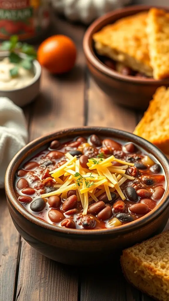 A bowl of chili with beans topped with cheese and herbs, served with cornbread.