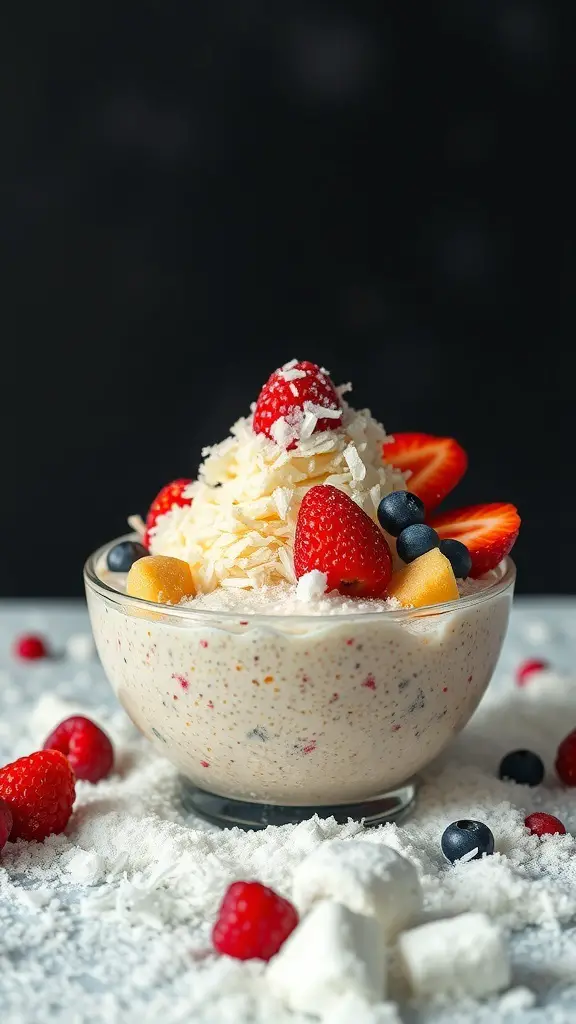 A bowl of Snowy Coconut Chia Pudding topped with coconut, strawberries, blueberries, and raspberries.