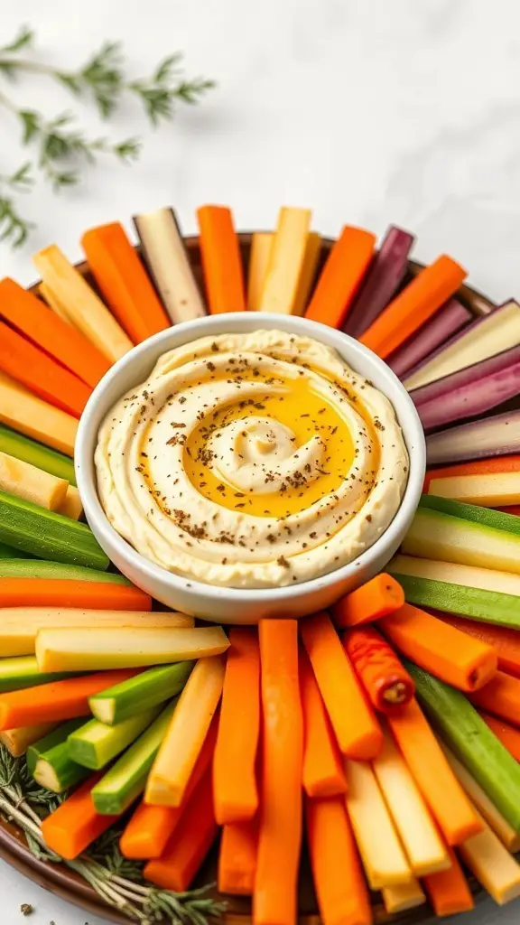 A bowl of roasted garlic and herb hummus surrounded by colorful vegetable sticks.