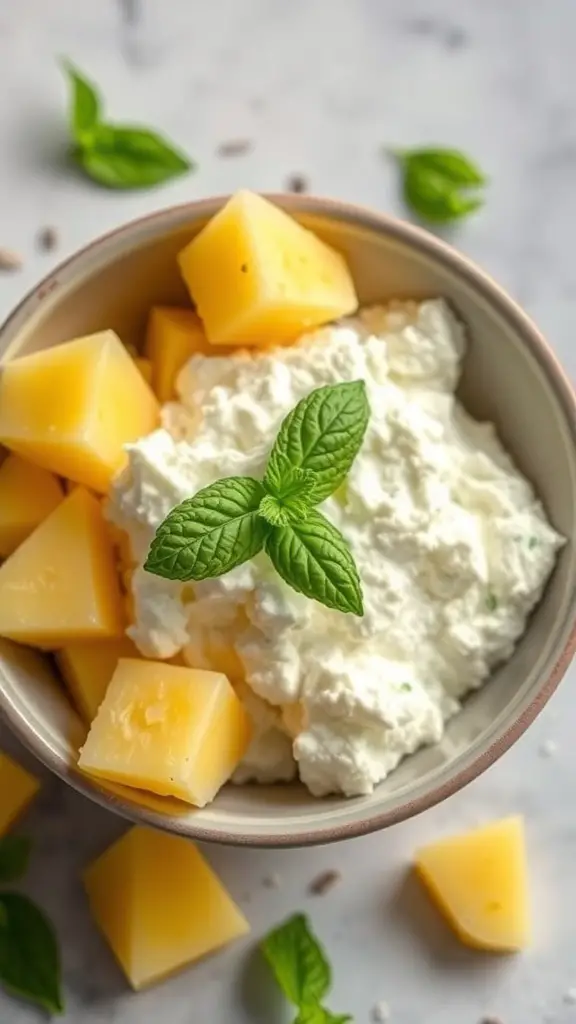 A bowl of cottage cheese with pineapple chunks and a mint leaf on top.