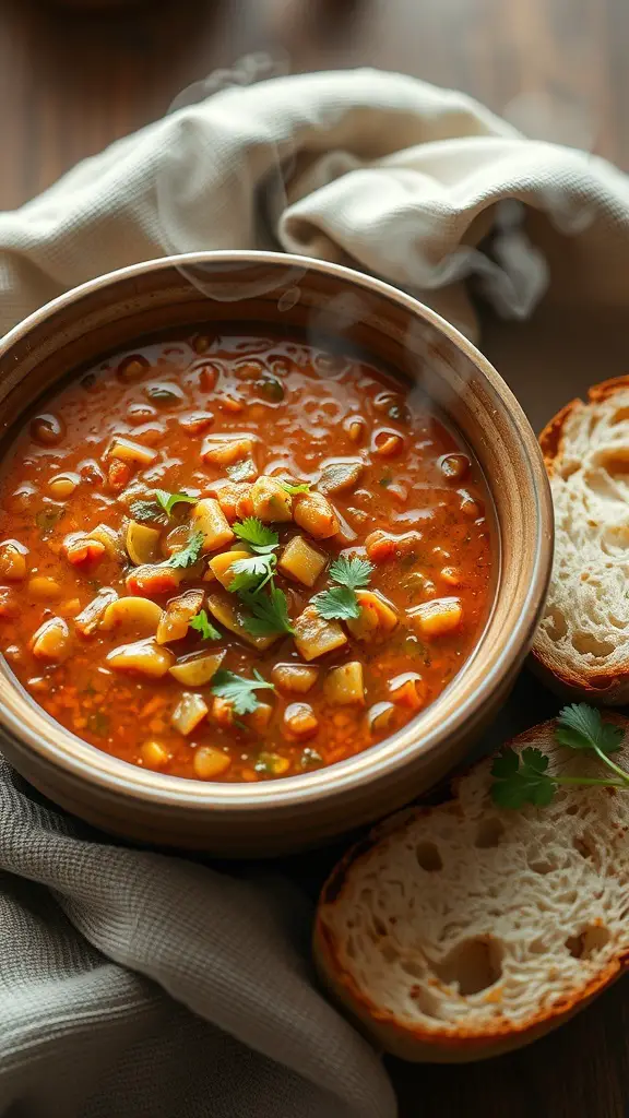 A bowl of spicy lentil soup with vegetables and bread on the side.