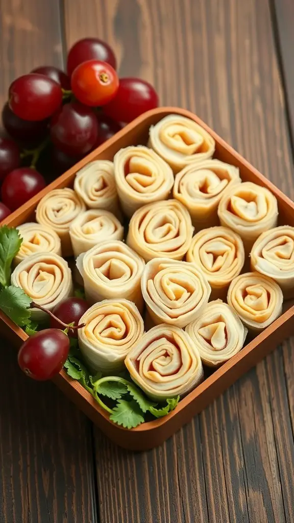 A container filled with turkey and cheese roll-ups, garnished with grapes and cilantro.
