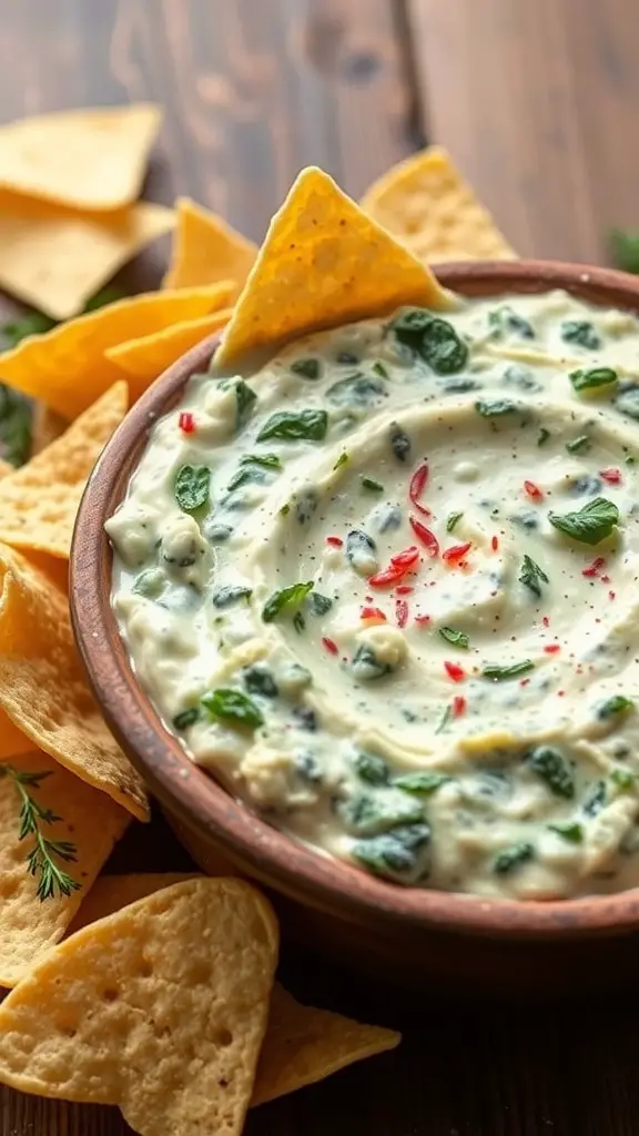 A bowl of spinach and artichoke dip surrounded by tortilla chips.