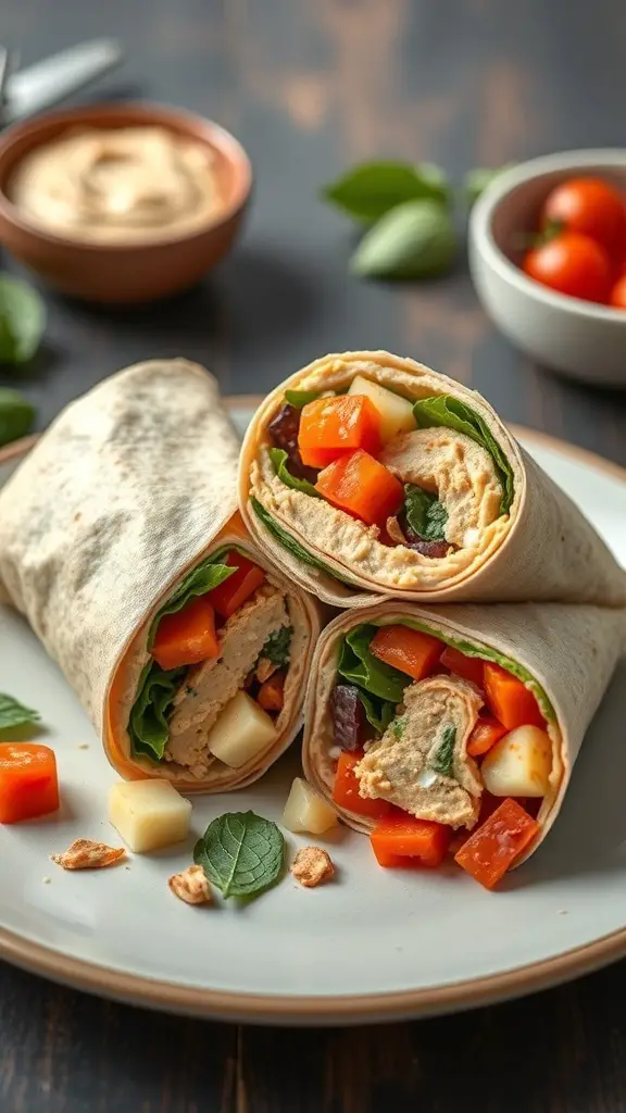 A plate with hummus and veggie wraps, showcasing colorful vegetables and a bowl of hummus in the background.