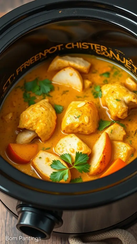 A delicious coconut curry chicken dish in a crockpot with vegetables