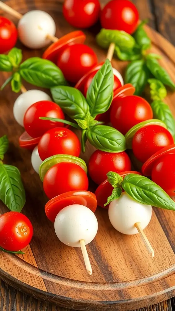 A platter of mini Caprese skewers with cherry tomatoes, mozzarella balls, and fresh basil leaves.