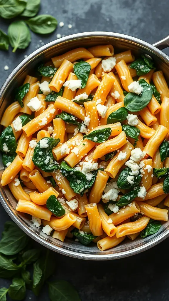 A pot of macaroni pasta with spinach and feta cheese, garnished with fresh basil leaves.