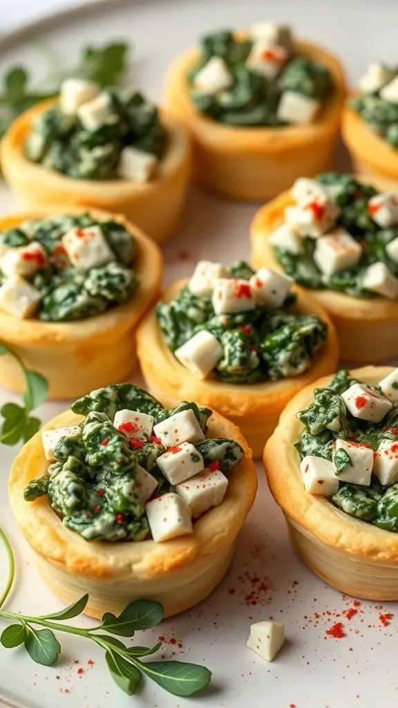 Creamy spinach and feta biscuit cups on a plate, garnished with red pepper flakes.