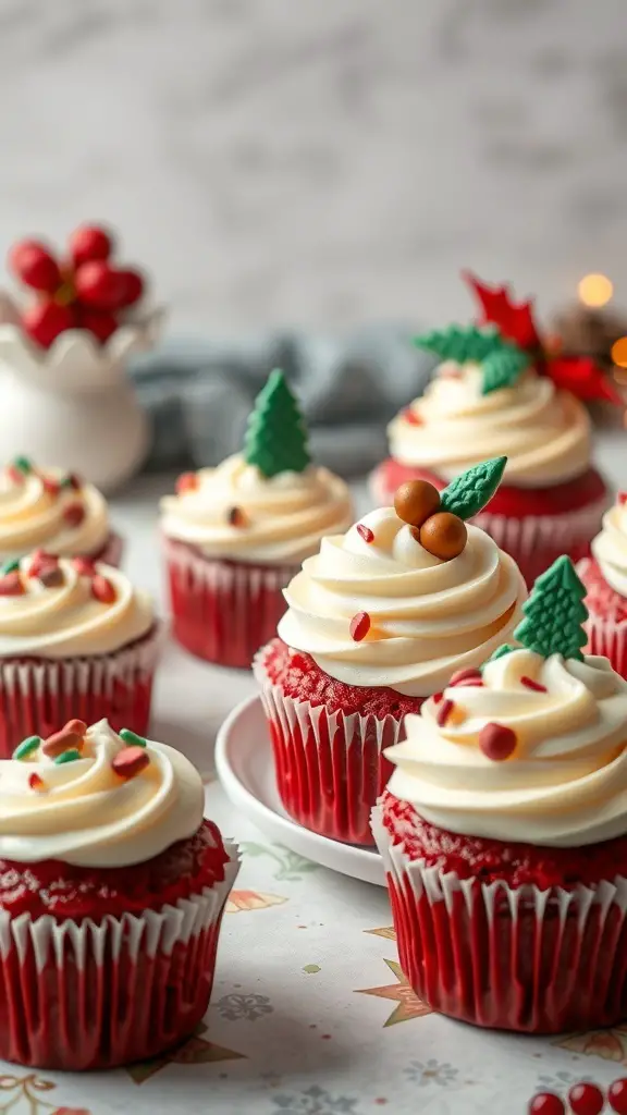 Red velvet winter cupcakes with cream cheese frosting and festive decorations