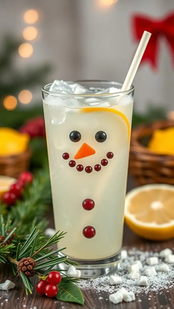 A glass of lemonade decorated to look like a snowman with lemon, blueberries, and red candies.