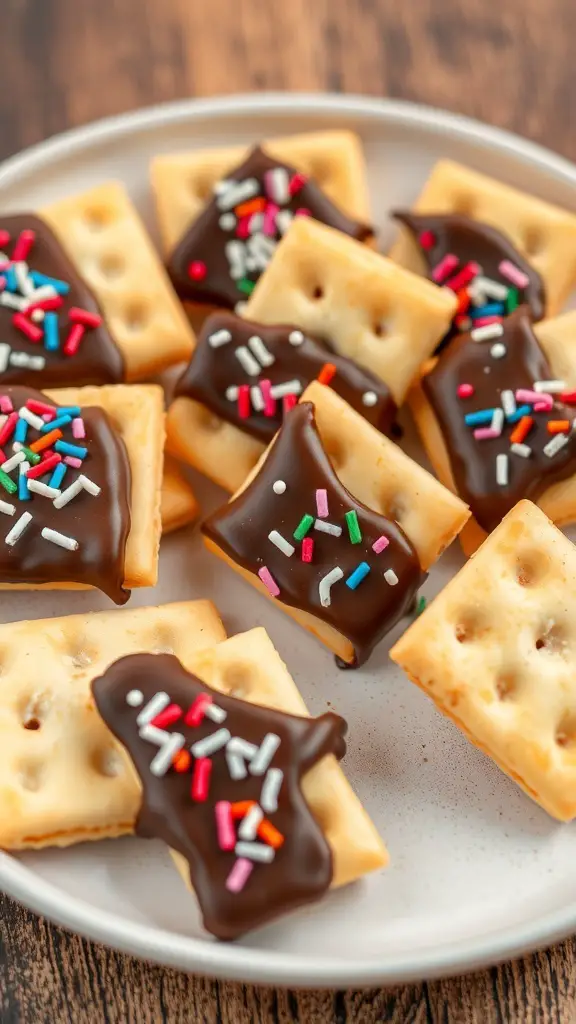 A plate of chocolate covered saltine crackers with colorful sprinkles.