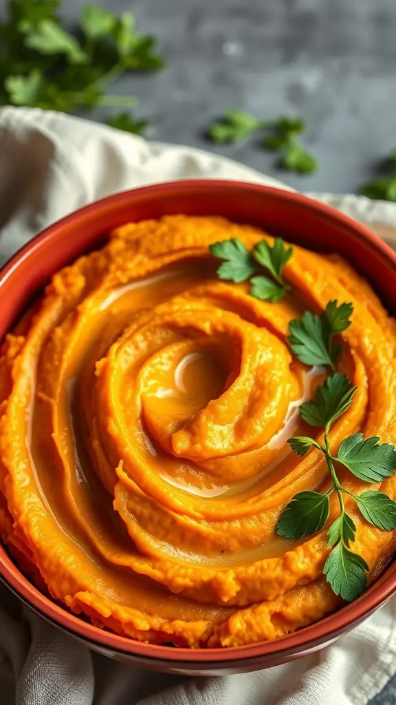 A bowl of smooth sweet potato mash garnished with parsley.