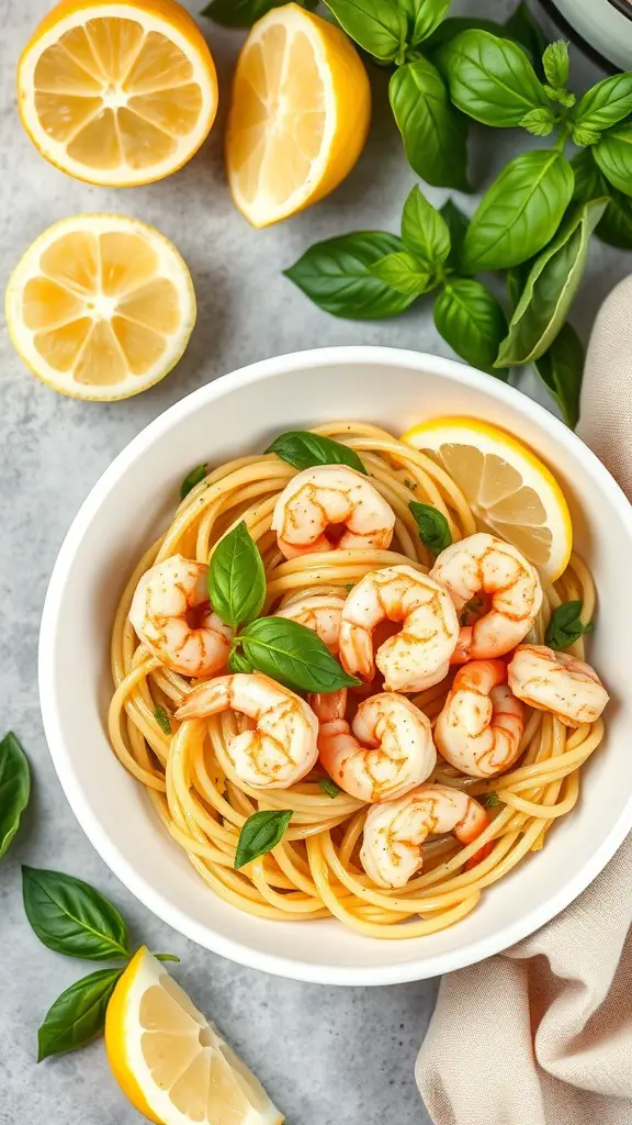 A bowl of Lemon Basil Shrimp Pasta with lemon slices and fresh basil leaves
