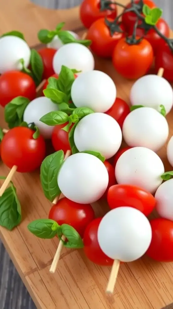 Mini Caprese skewers with cherry tomatoes, mozzarella balls, and basil leaves on a wooden board.