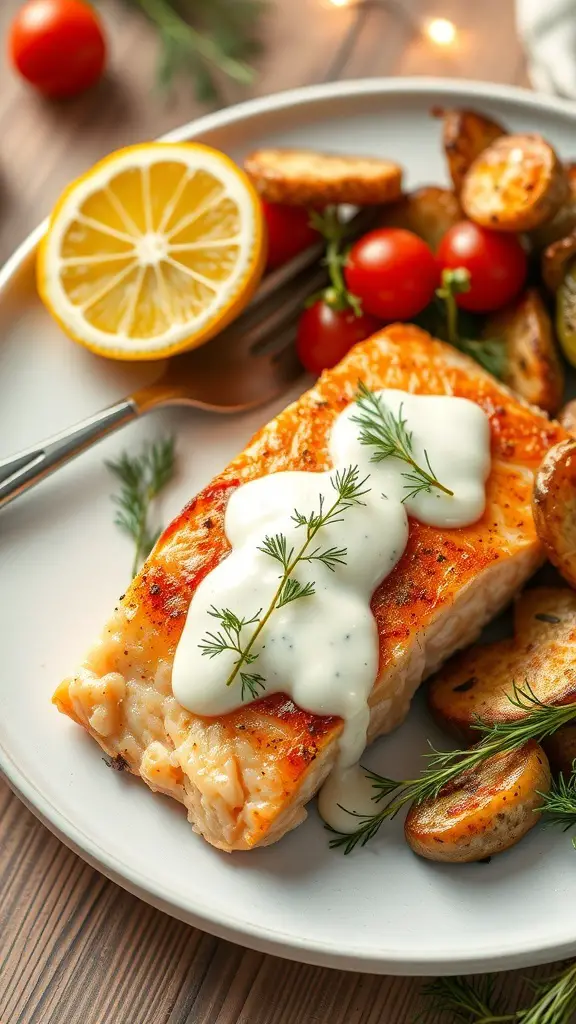 A plate of baked salmon with dill sauce, roasted potatoes, and cherry tomatoes, garnished with lemon.