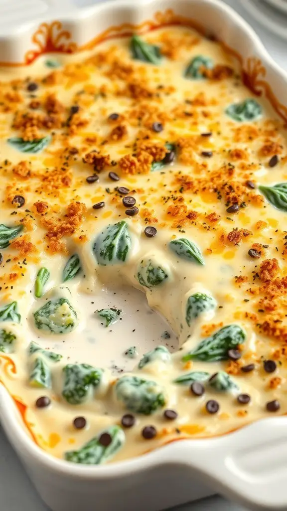 A creamy spinach and artichoke Alfredo bake topped with golden breadcrumbs in a white dish.