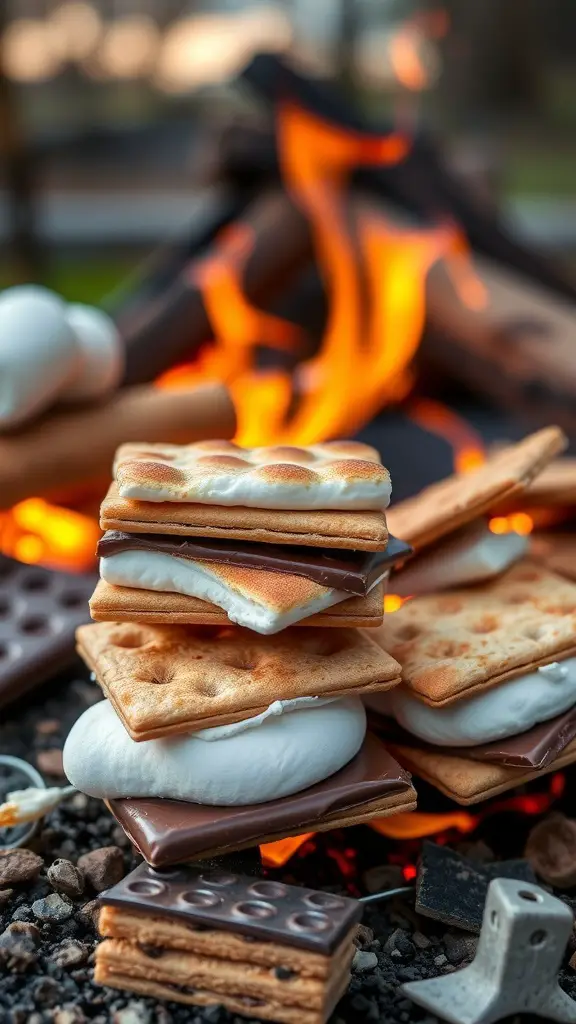 A stack of saltine cracker s'mores with melted marshmallows and chocolate, set against a campfire background.
