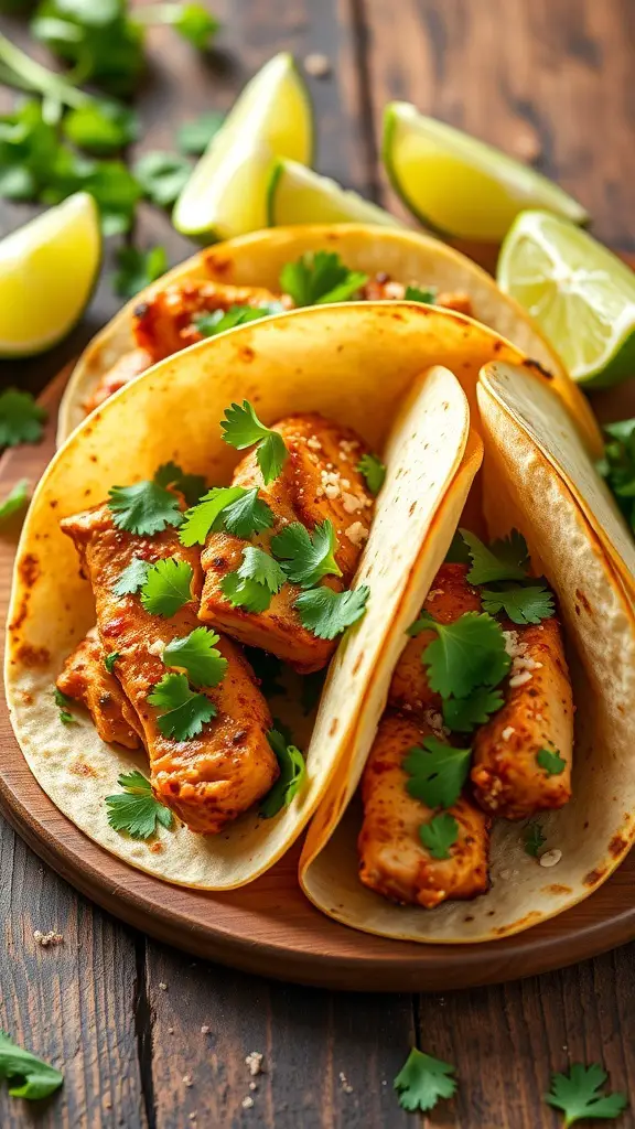 Spicy chicken tenderloin tacos with cilantro and lime wedges