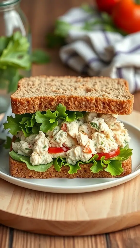 A classic tuna salad sandwich with lettuce and tomato on whole grain bread.