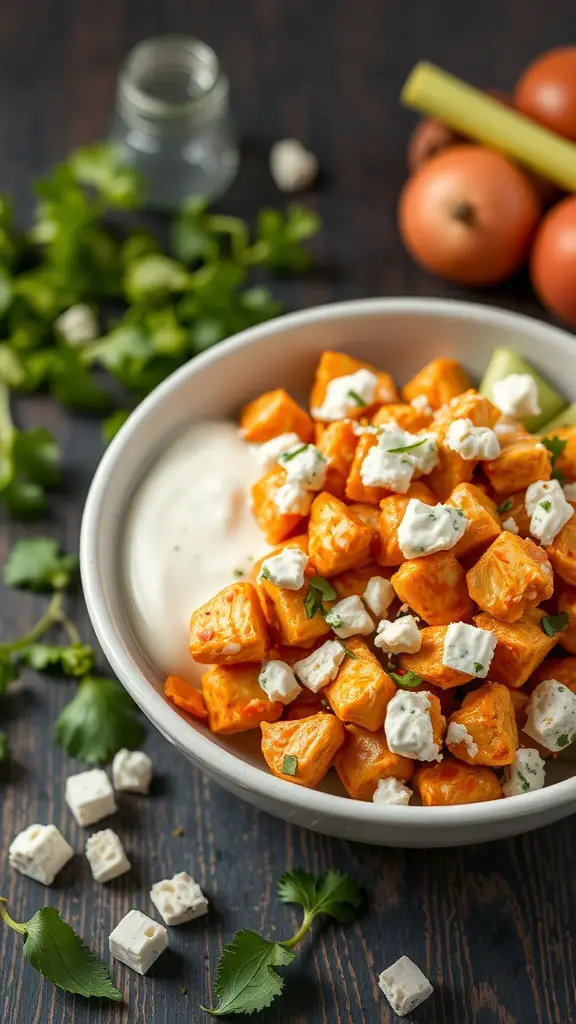 A bowl of buffalo chicken salad topped with blue cheese, surrounded by fresh ingredients.