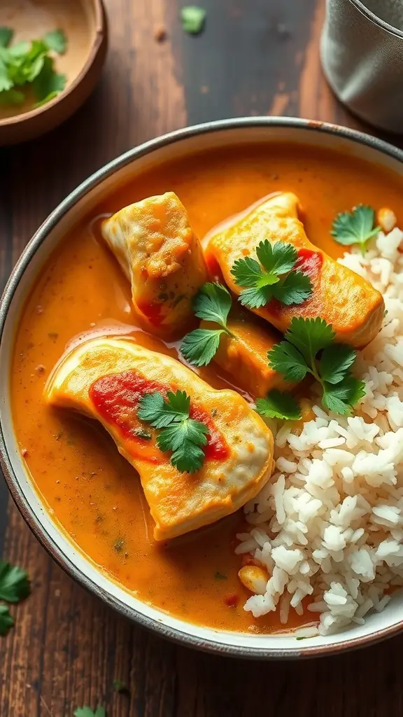 A bowl of fish curry with coconut milk served with rice, garnished with cilantro.