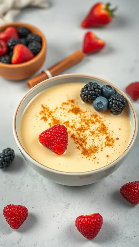 Bowl of zabaglione topped with strawberries, blueberries, and a sprinkle of cinnamon