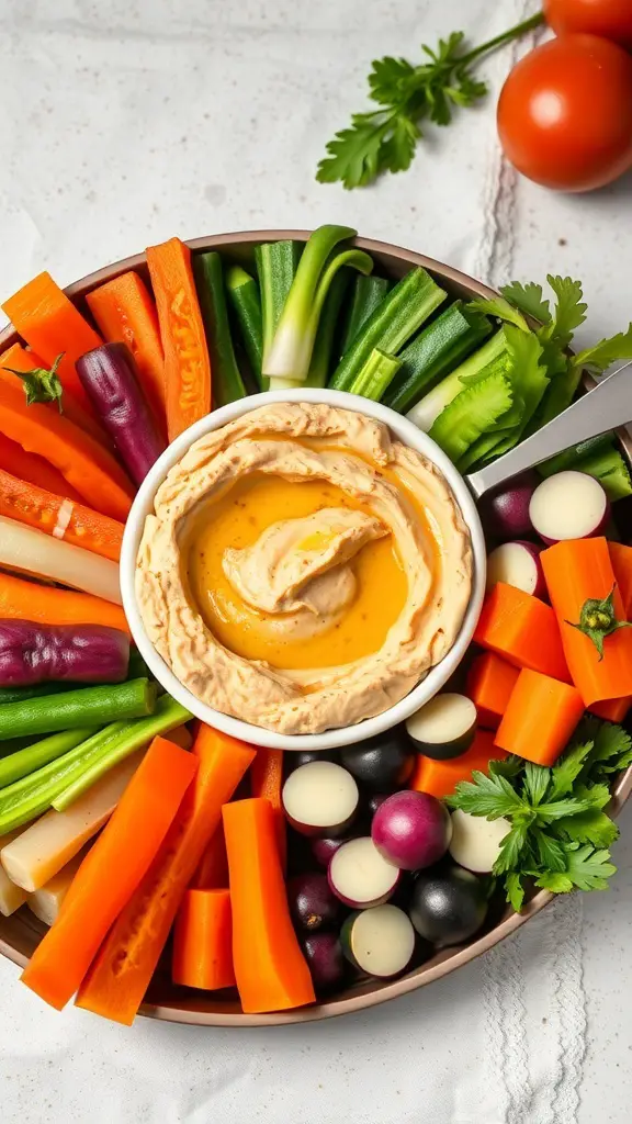 A colorful veggie hummus platter with various fresh vegetables and a bowl of hummus in the center.
