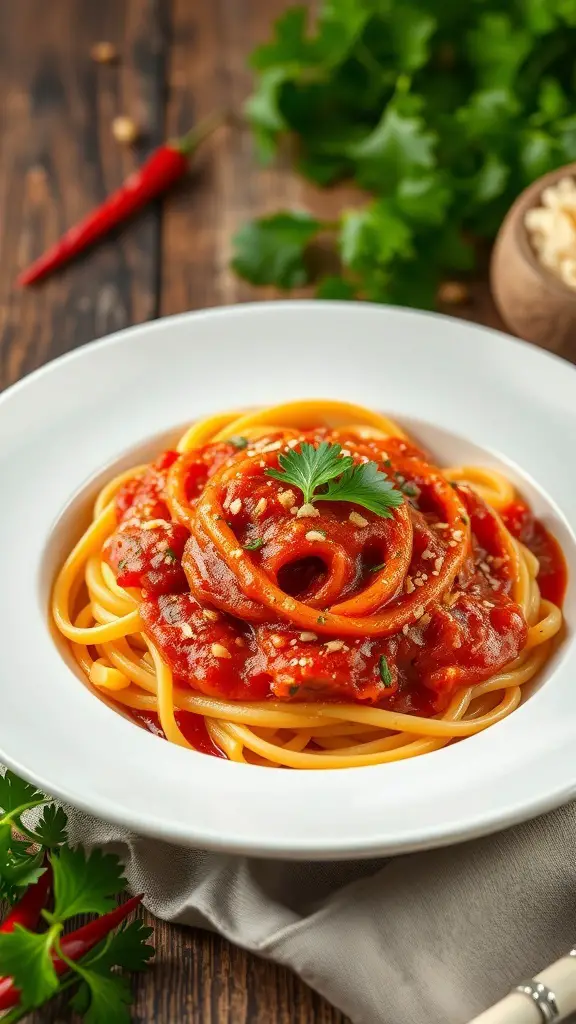 A plate of Spicy Arrabbiata Fettuccine with tomato sauce and herbs