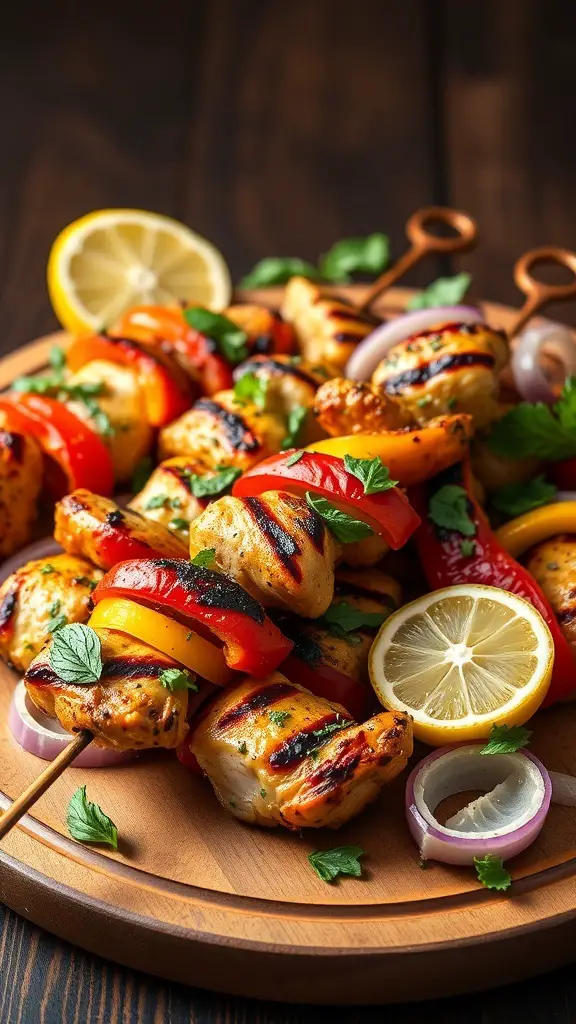 Grilled chicken skewers with bell peppers and lemon on a wooden platter