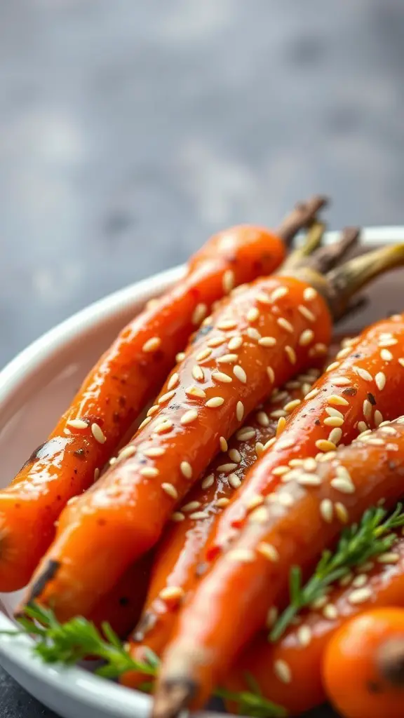 A plate of honey glazed carrots with sesame seeds on top.