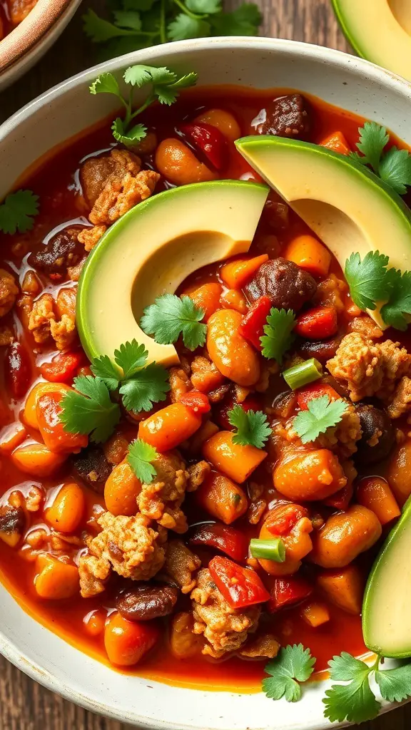 A bowl of Keto Chili with Ground Turkey, topped with avocado slices and cilantro.