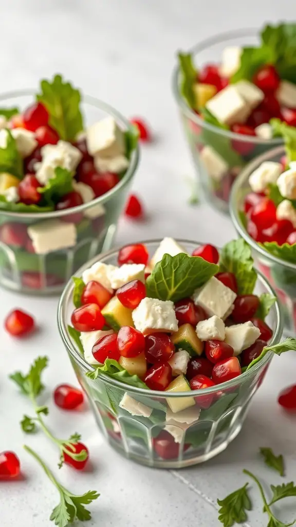 Colorful pomegranate and feta salad cups in clear glasses with fresh greens and pomegranate seeds.