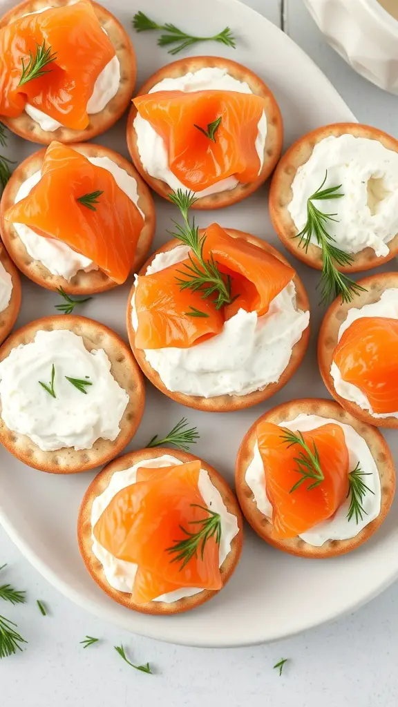 Crackers topped with cream cheese and salmon slices, garnished with herbs.