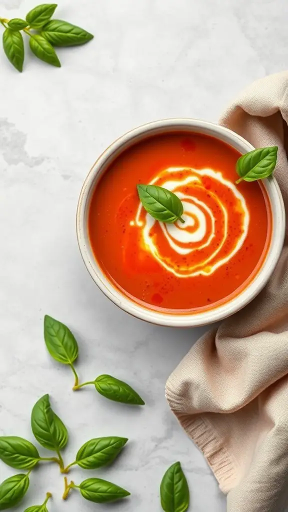 A bowl of roasted red pepper and tomato soup garnished with cream and basil leaves.