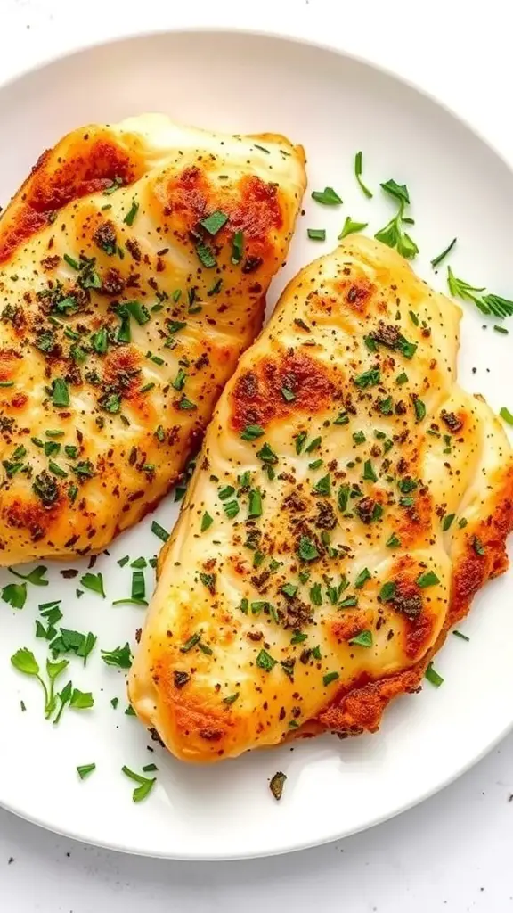 Crispy herb-crusted baked chicken tenderloins on a plate, garnished with parsley.