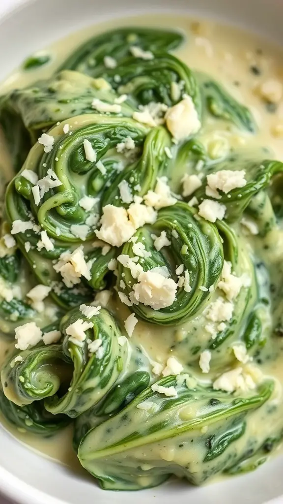 A bowl of creamed spinach with Parmesan cheese sprinkled on top