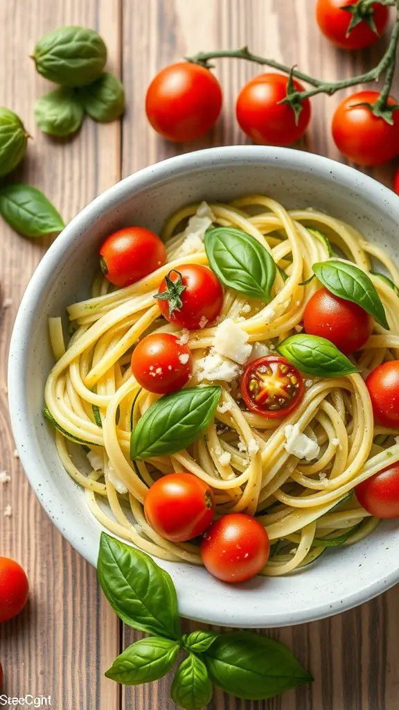 A bowl of zucchini noodles with cherry tomatoes and basil, garnished with pesto.
