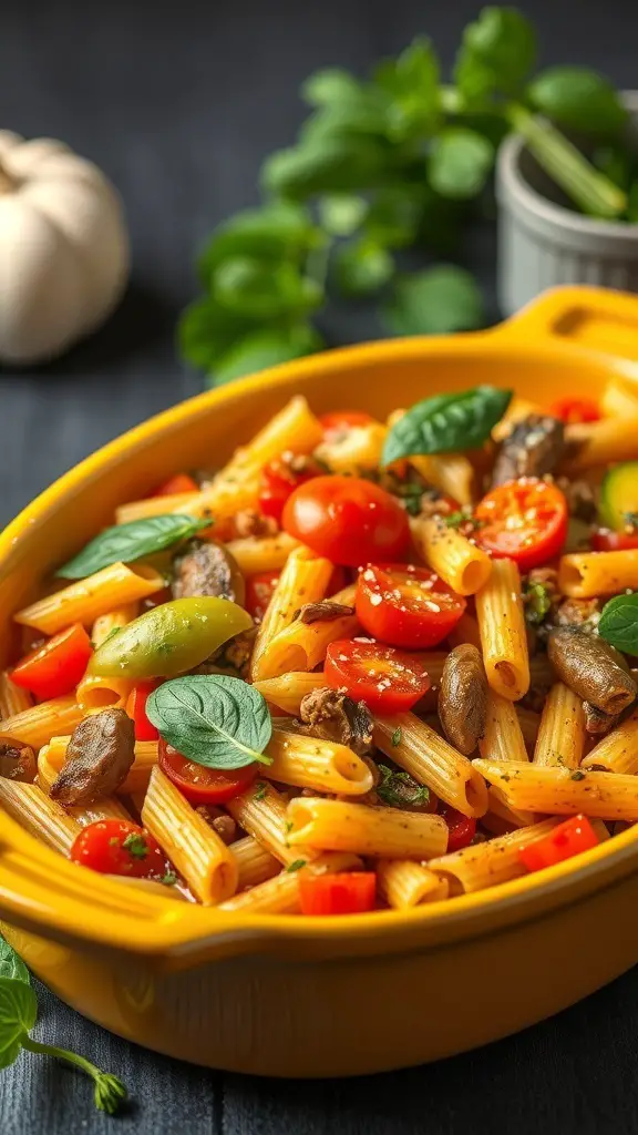 A vibrant Pasta Primavera Bake with rigatoni, cherry tomatoes, olives, and fresh basil in a yellow baking dish.