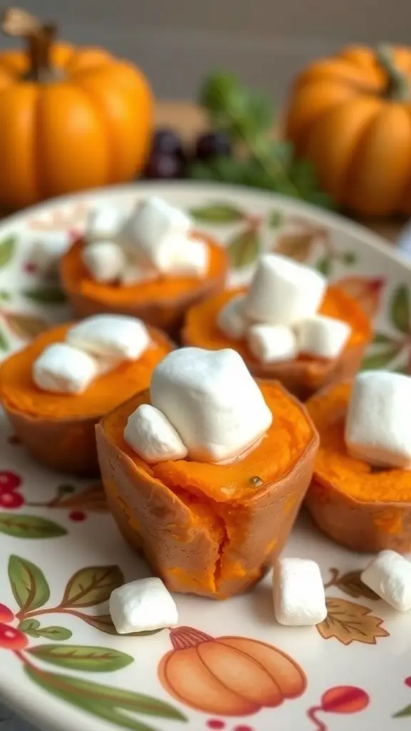 Sweet potato bites topped with marshmallows on a festive plate