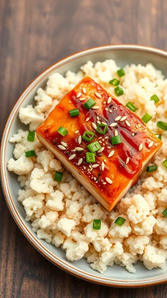A plate of teriyaki salmon served on cauliflower rice, garnished with green onions and sesame seeds.