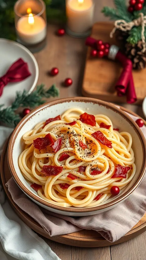 A bowl of Pasta Carbonara topped with crispy pancetta, surrounded by festive decorations.