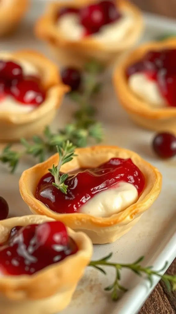 A close-up of cranberry brie bites on a platter, topped with cranberry sauce and garnished with thyme.
