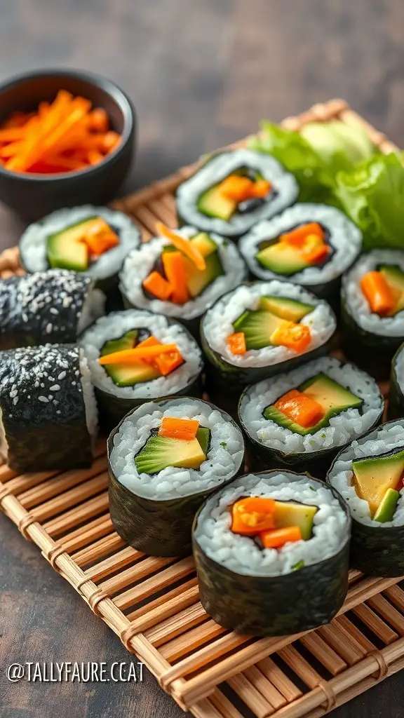 A plate of colorful veggie sushi rolls with fresh vegetables and a bowl of pickled carrots.