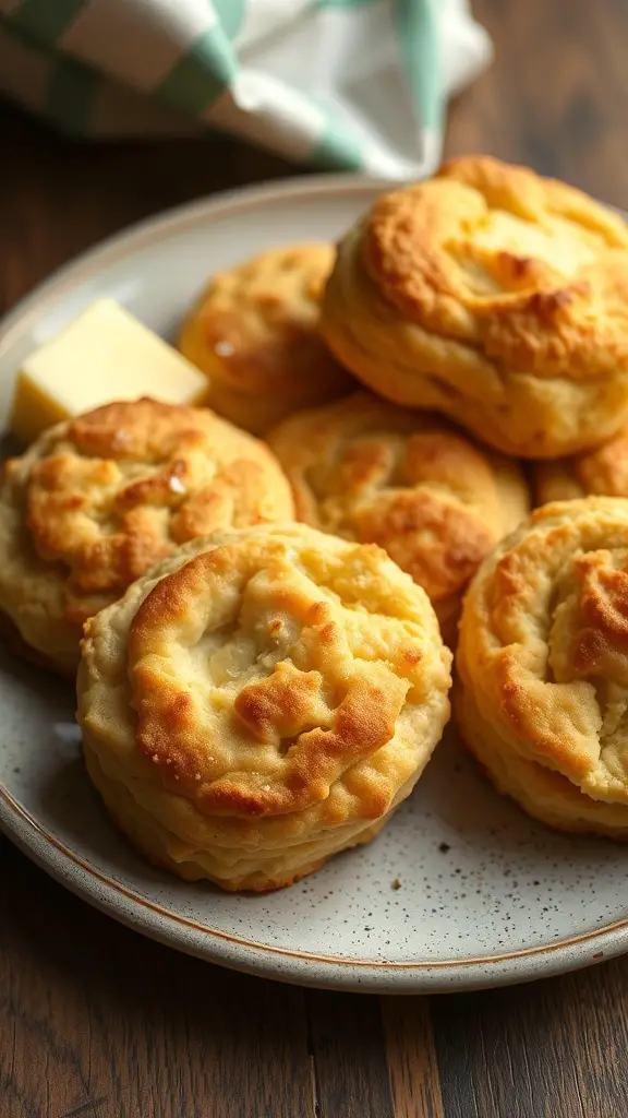 A plate of cheesy sourdough discard biscuits with butter on the side.