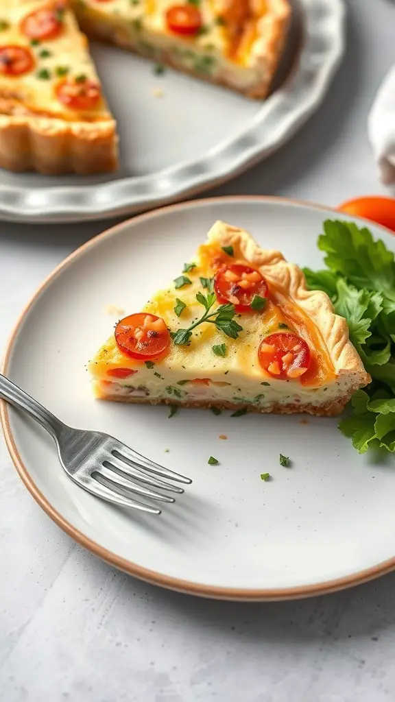 A slice of salmon quiche with cherry tomatoes and fresh herbs on a plate, with the whole quiche in the background.