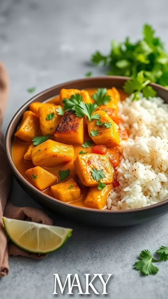 A bowl of coconut curry chicken served with rice and garnished with cilantro and lime.