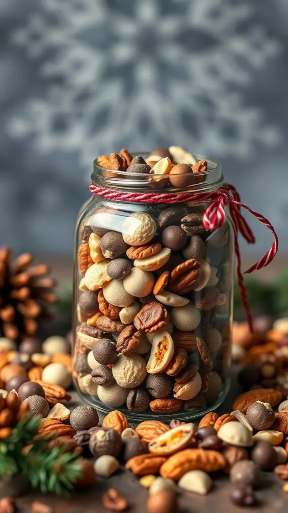 A jar of holiday trail mix filled with nuts and chocolate treats, surrounded by festive decorations.