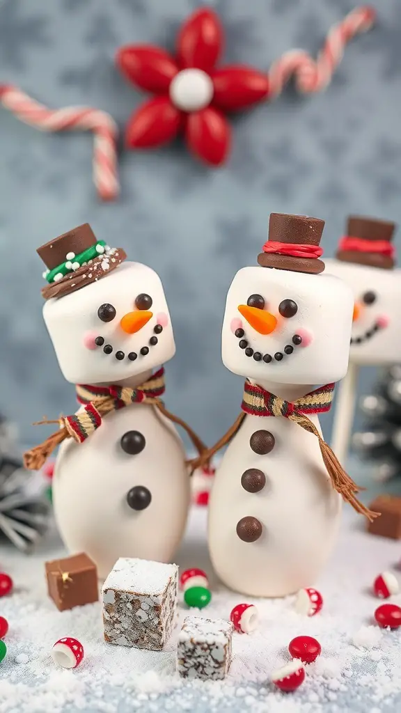 Cute snowman marshmallow pops decorated with chocolate and candy